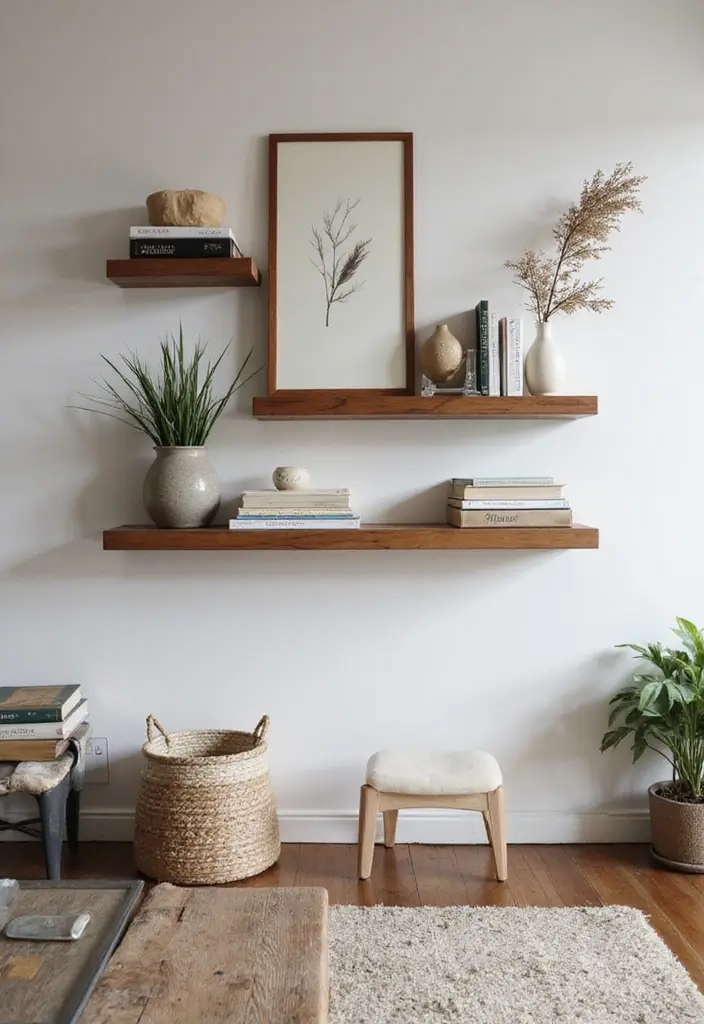 28 Low Seating Living Room Ideas That Feel Relaxed and Inviting - 18. Low Wall Shelves