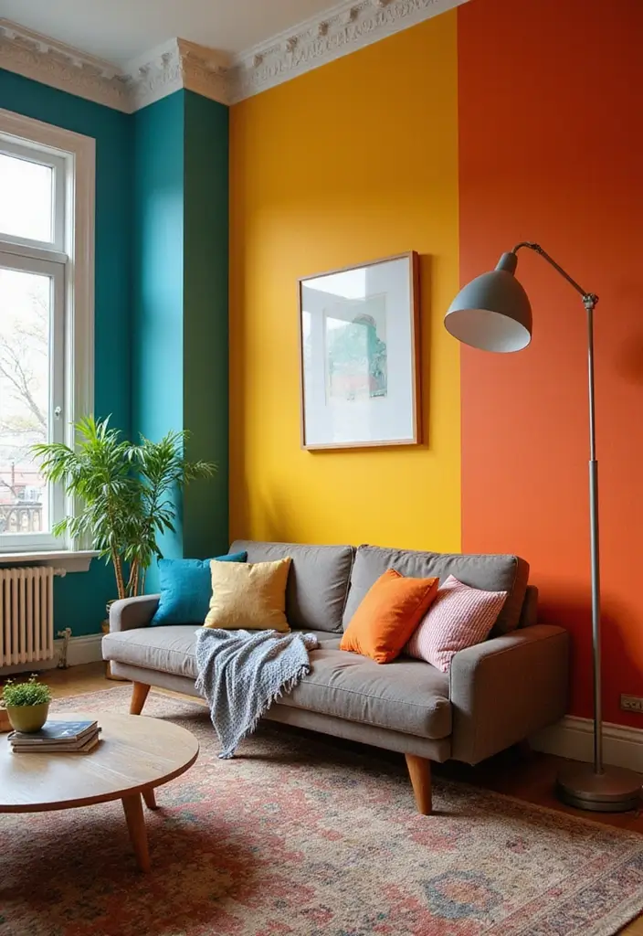 28 Low Seating Living Room Ideas That Feel Relaxed and Inviting - 21. Colorful Walls