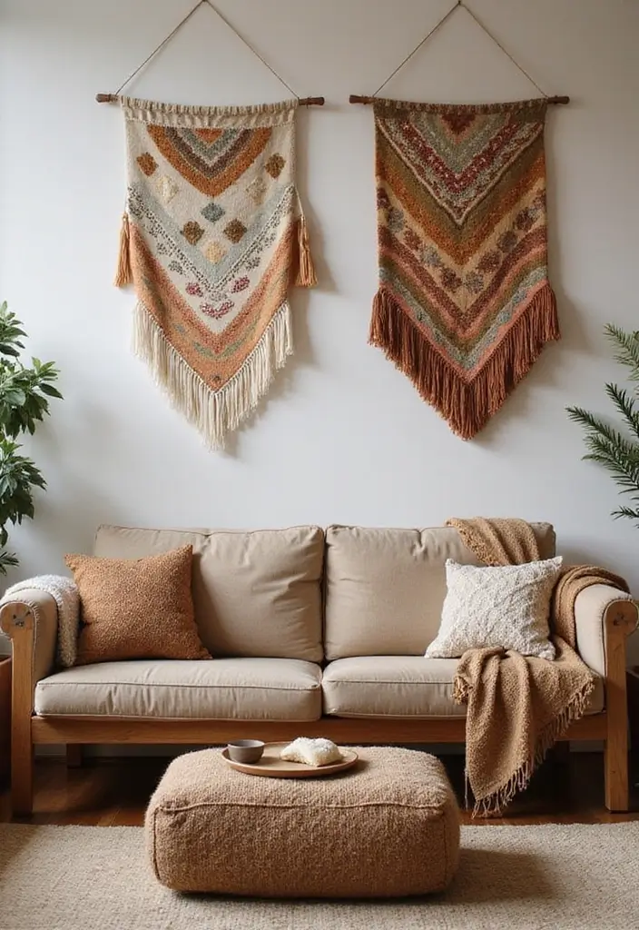 28 Low Seating Living Room Ideas That Feel Relaxed and Inviting - 23. Textile Wall Hangings