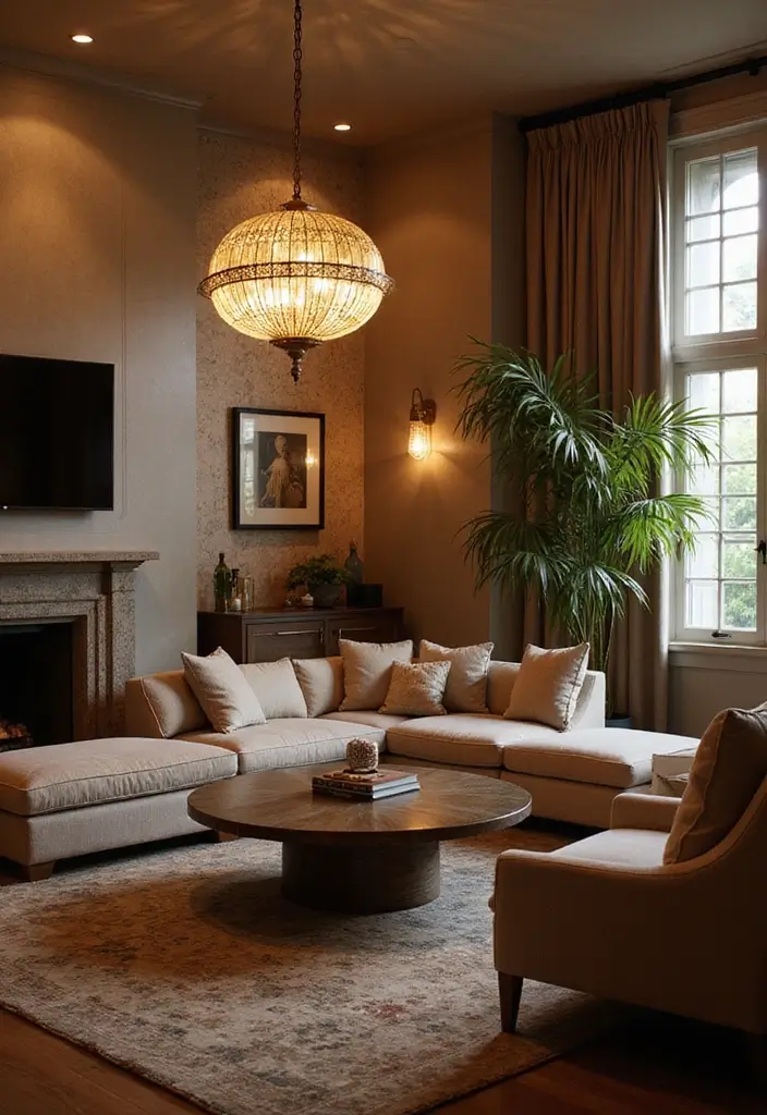 28 Low Seating Living Room Ideas That Feel Relaxed and Inviting - 25. Lighting Fixtures with Character