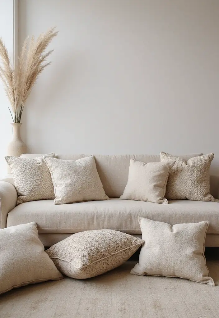 28 Low Seating Living Room Ideas That Feel Relaxed and Inviting - 26. Soft Textured Pillows