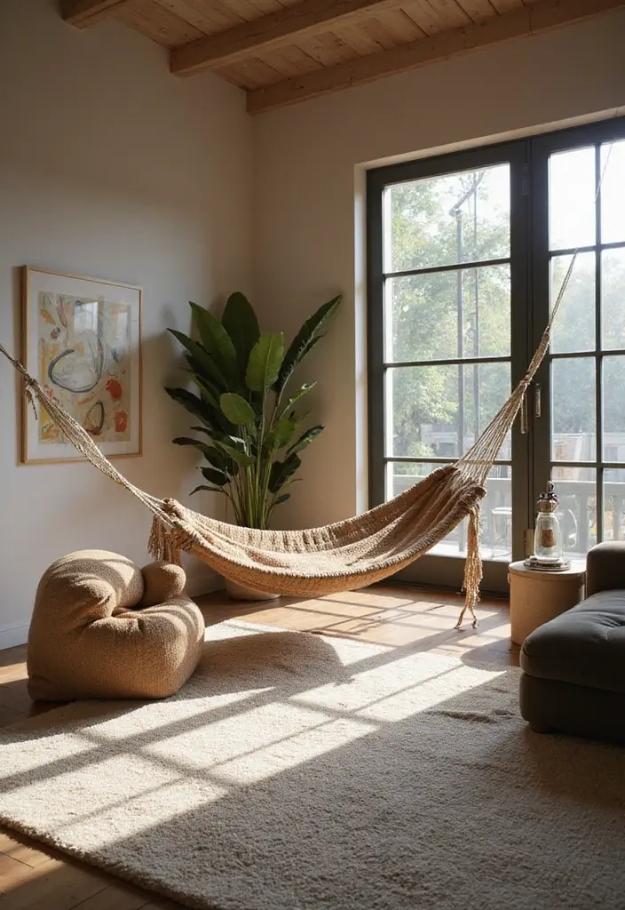 28 Low Seating Living Room Ideas That Feel Relaxed and Inviting - 8. Use of Hammocks