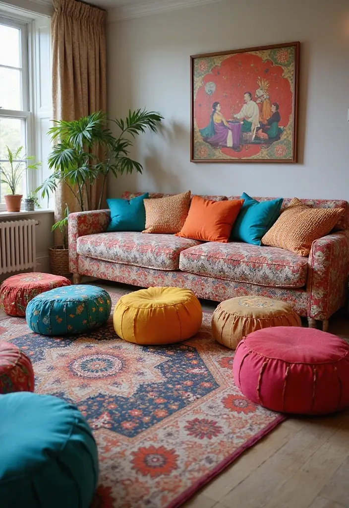 28 Low Seating Living Room Ideas That Feel Relaxed and Inviting - 9. Colorful Poufs