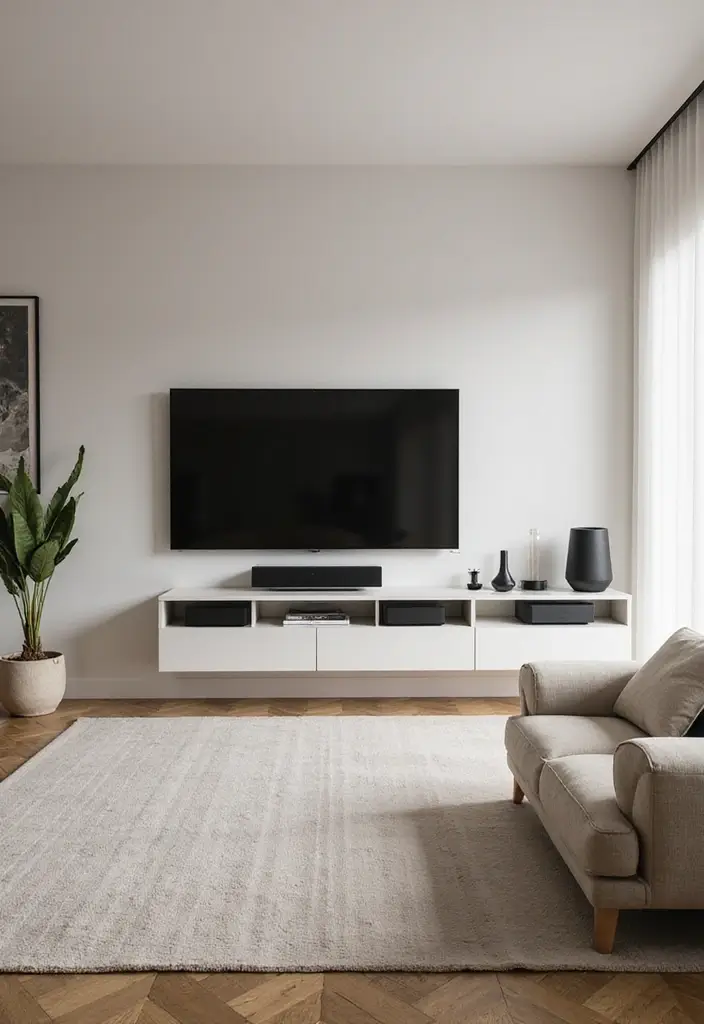 28 Sound System Living Room Ideas That Feel Immersive and Sleek - 1. Minimalist Sound System Setup