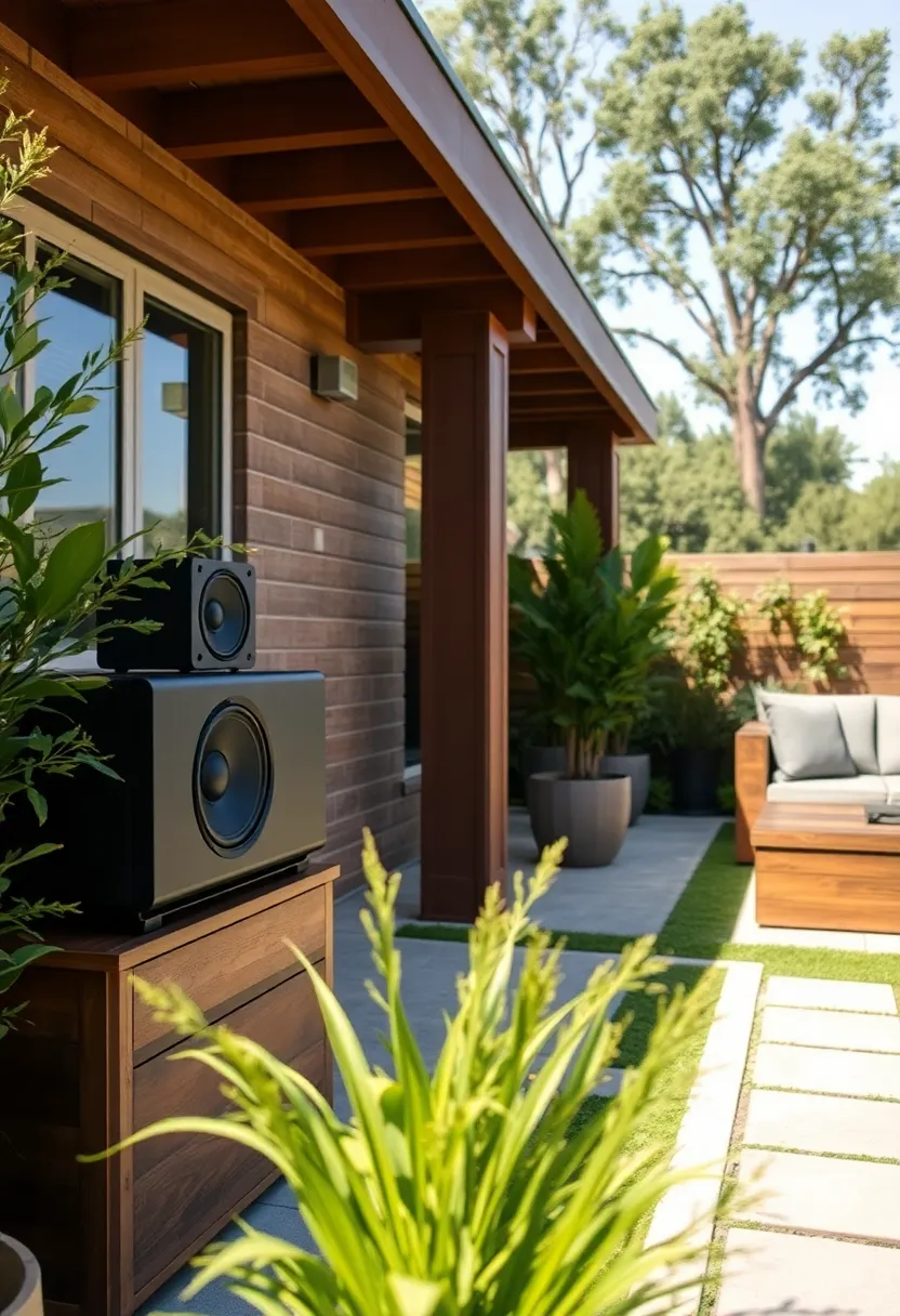28 Sound System Living Room Ideas That Feel Immersive and Sleek - 21. Outdoor Sound System Integration
