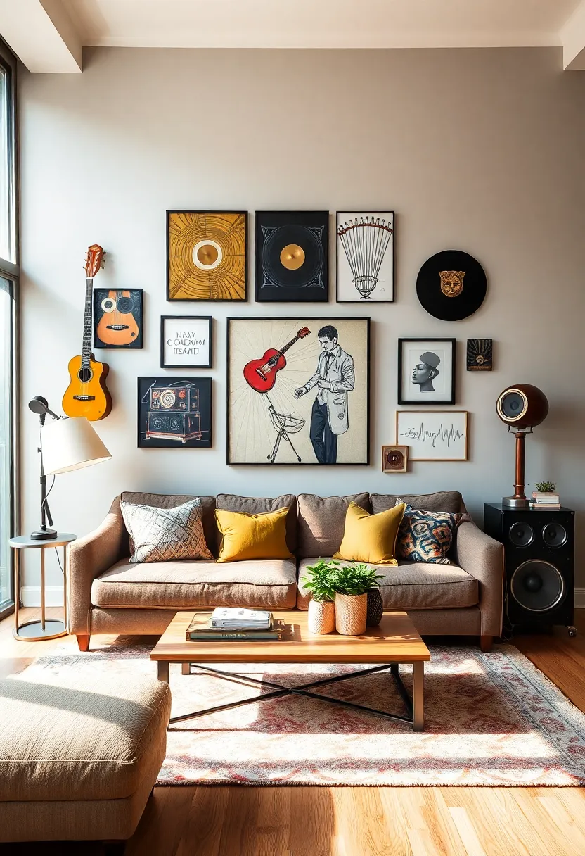 28 Sound System Living Room Ideas That Feel Immersive and Sleek - 22. Music-Themed Decor