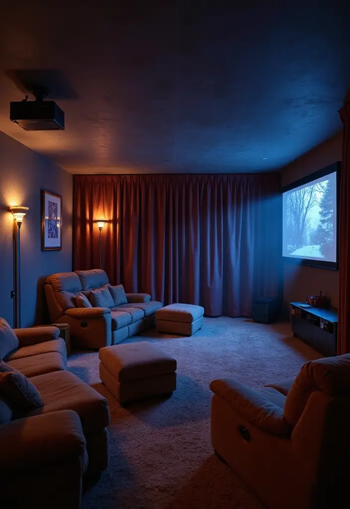 28 Sound System Living Room Ideas That Feel Immersive and Sleek - 3. Cozy Home Theater Vibe