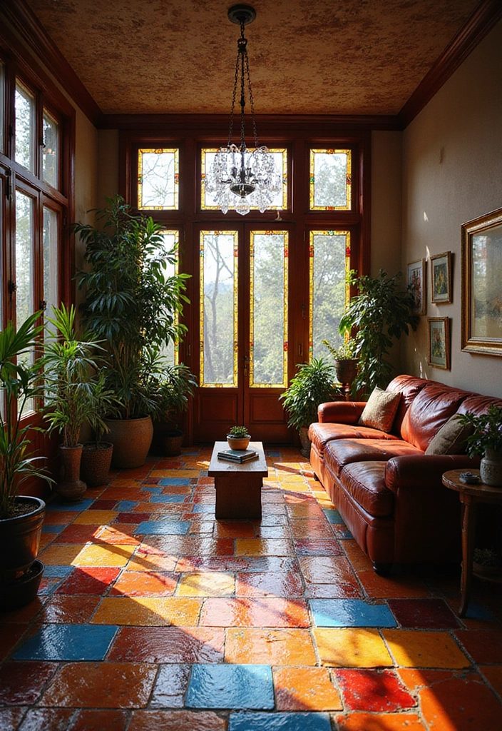 28 Tiles for Living Room Floor Small House Ideas That Add Space Illusion - 13. Stained Glass Tiles