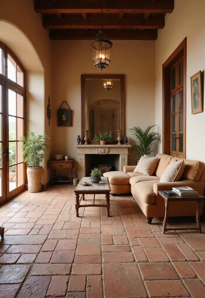 28 Tiles for Living Room Floor Small House Ideas That Add Space Illusion - 16. Rustic Terracotta Pavers