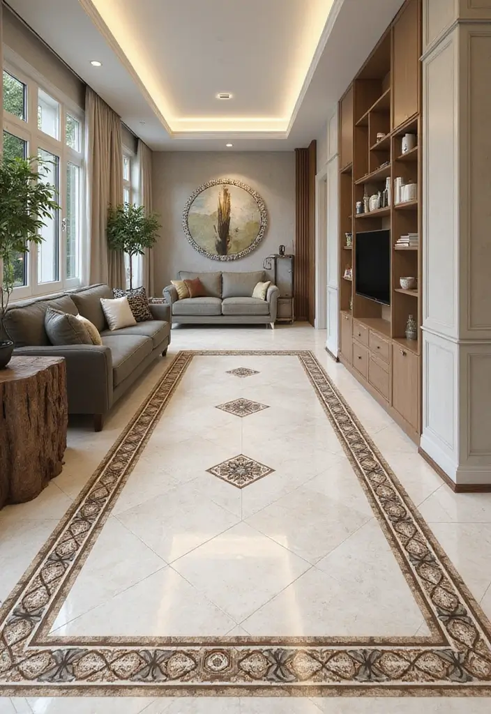 28 Tiles for Living Room Floor Small House Ideas That Add Space Illusion - 18. Decorative Border Tiles