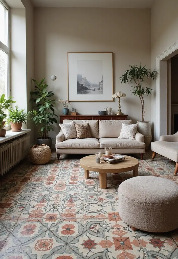 28 Tiles for Living Room Floor Small House Ideas That Add Space Illusion - 20. Vintage-inspired Tiles