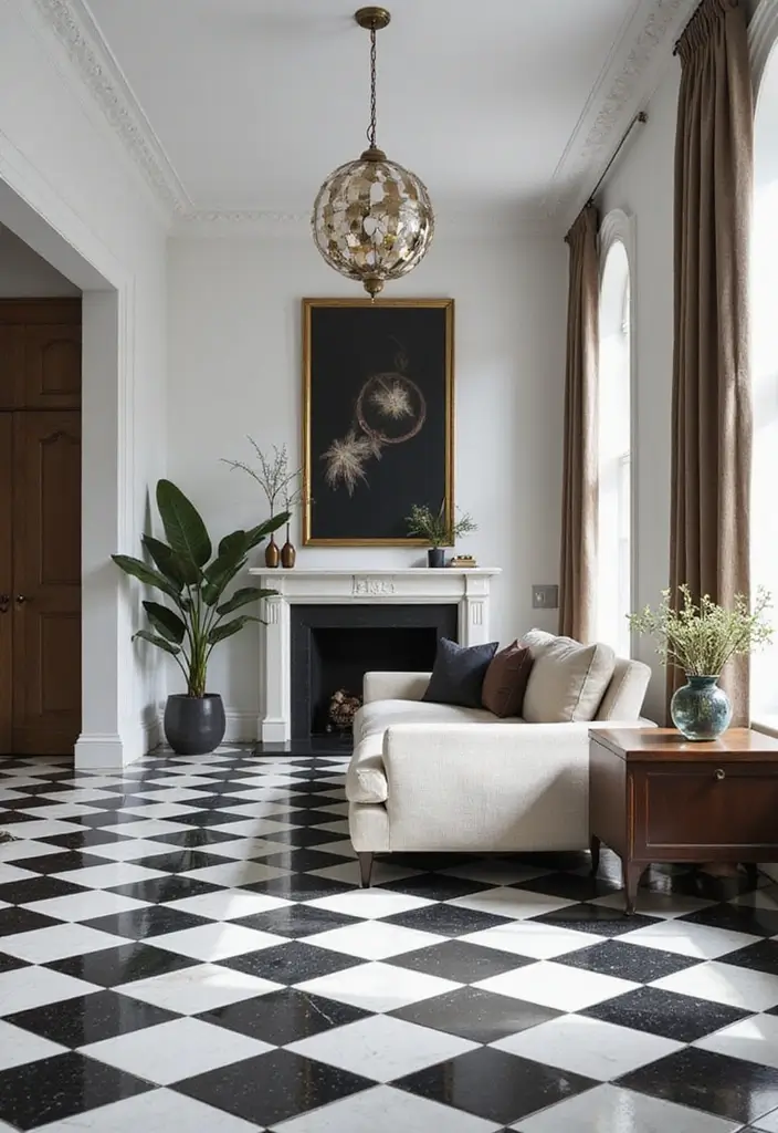 28 Tiles for Living Room Floor Small House Ideas That Add Space Illusion - 23. Timeless Black and White Tiles