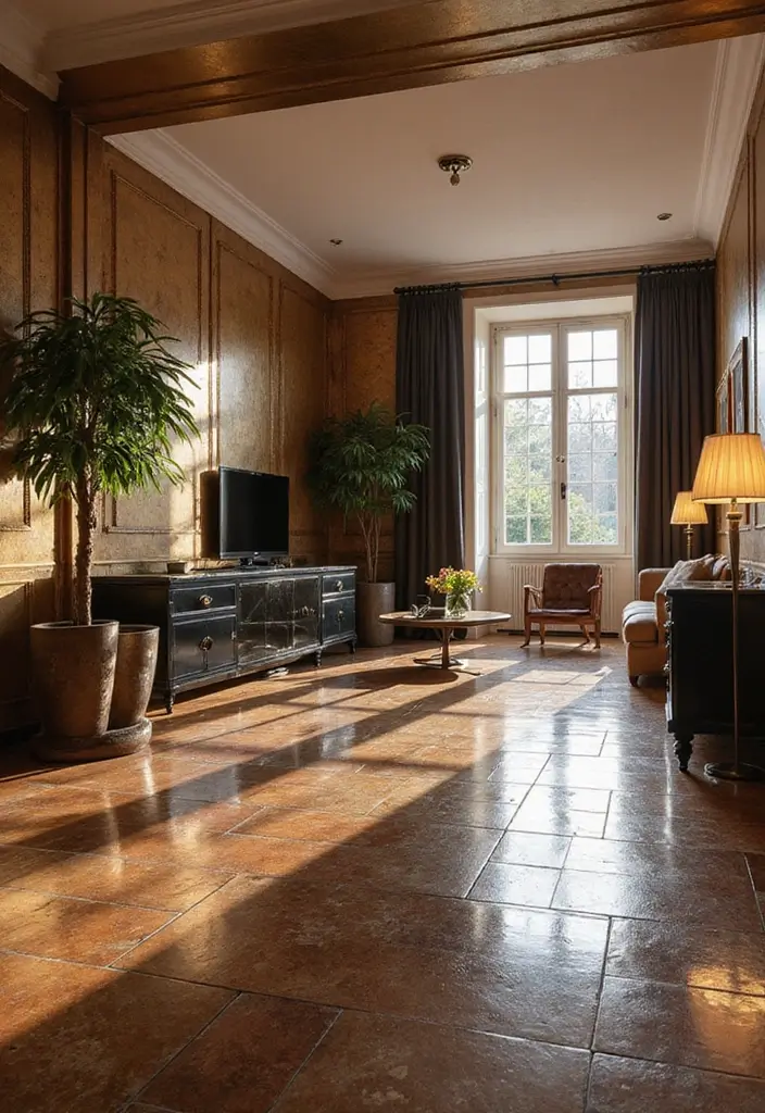 28 Tiles for Living Room Floor Small House Ideas That Add Space Illusion - 26. Metallic Finish Tiles