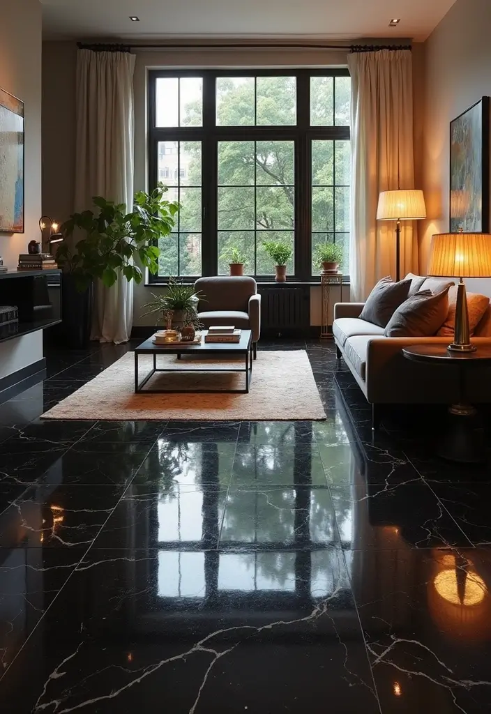28 Tiles for Living Room Floor Small House Ideas That Add Space Illusion - 5. Glossy Black Tiles