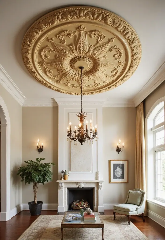 28 Wall Molding Ideas Living Room That Add Texture and Class - 10. Intricate Ceiling Medallions