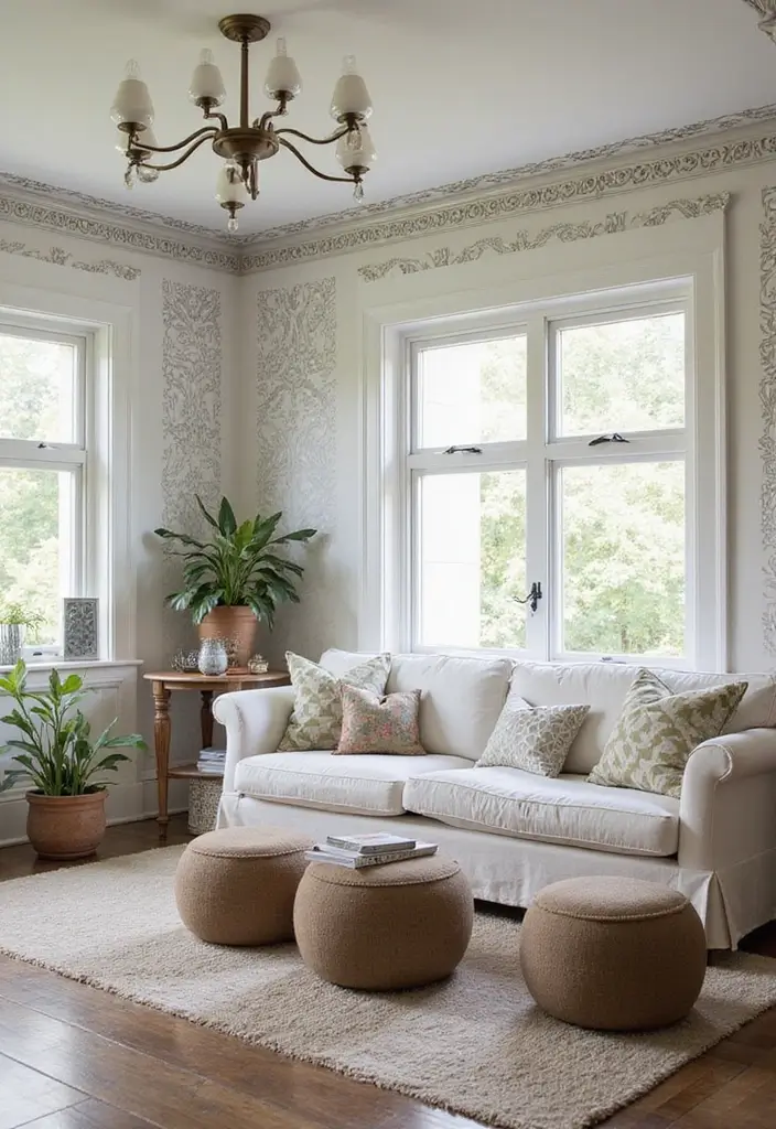 28 Wall Molding Ideas Living Room That Add Texture and Class - 21. Stenciled Molding Designs