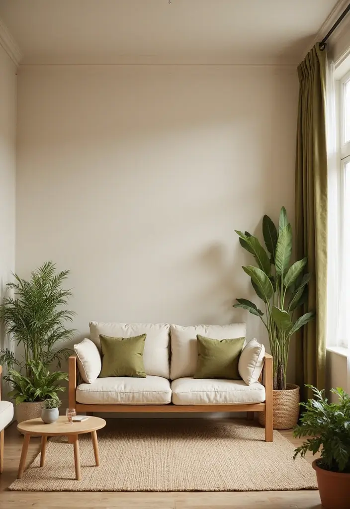 29 Beige and Olive Green Living Room Ideas That Feel Warm and Earthy - 1. Soft Beige Walls with Olive Green Accents