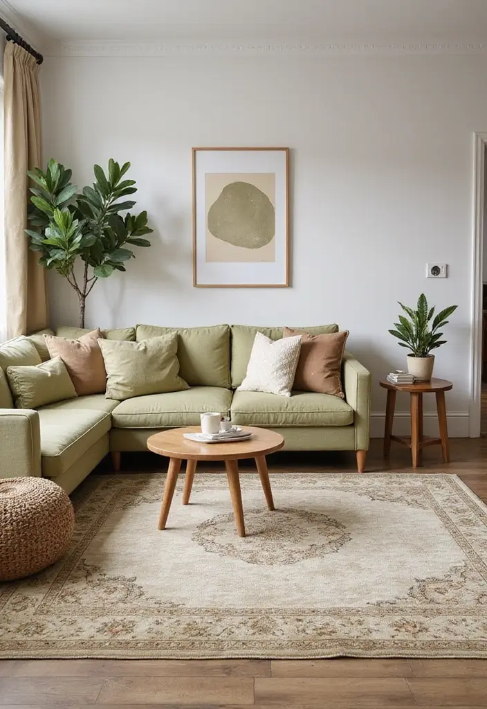 29 Beige and Olive Green Living Room Ideas That Feel Warm and Earthy - 10. Statement Rugs