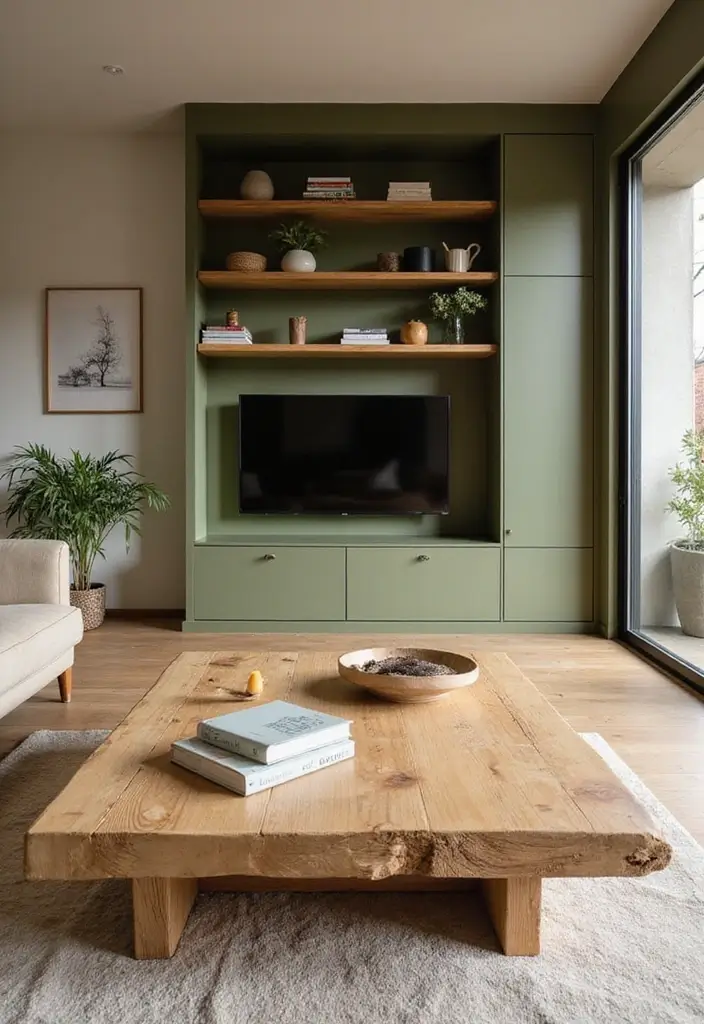 29 Beige and Olive Green Living Room Ideas That Feel Warm and Earthy - 11. Natural Wood Accents