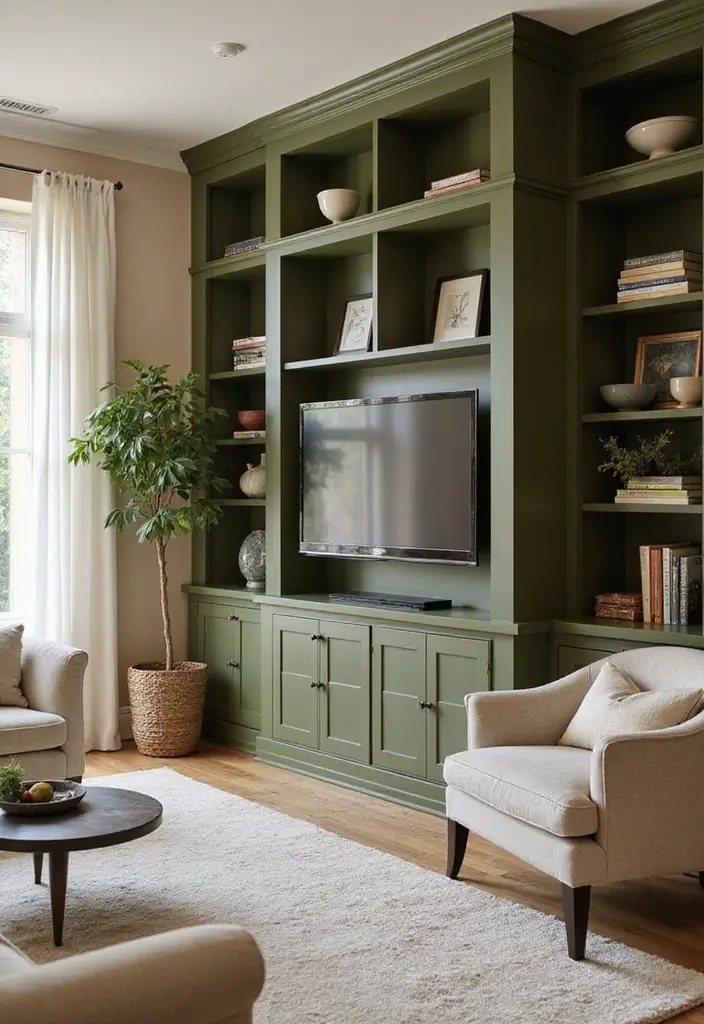 29 Beige and Olive Green Living Room Ideas That Feel Warm and Earthy - 17. Functional Built-Ins