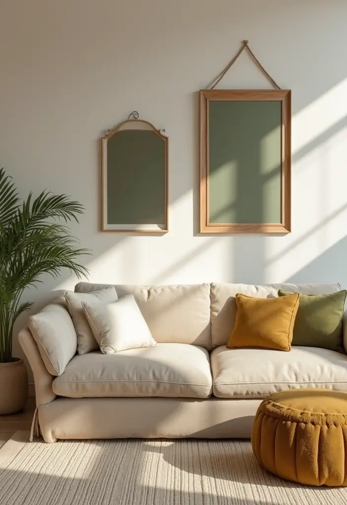 29 Beige and Olive Green Living Room Ideas That Feel Warm and Earthy - 18. Creative Use of Mirrors