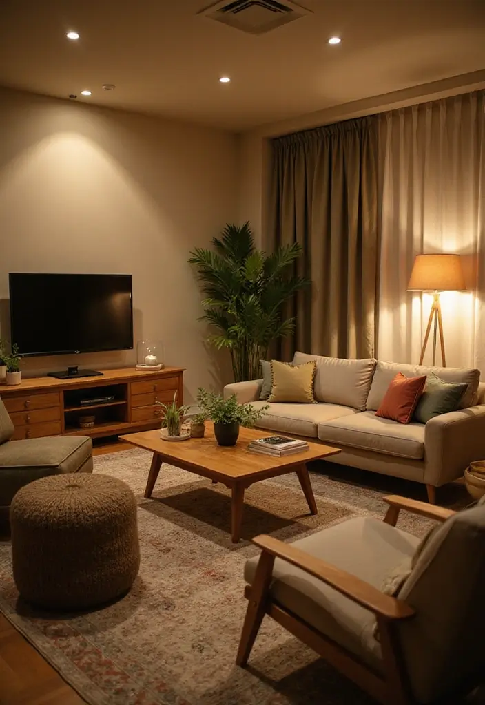 29 Beige and Olive Green Living Room Ideas That Feel Warm and Earthy - 19. Soft Ambient Lighting