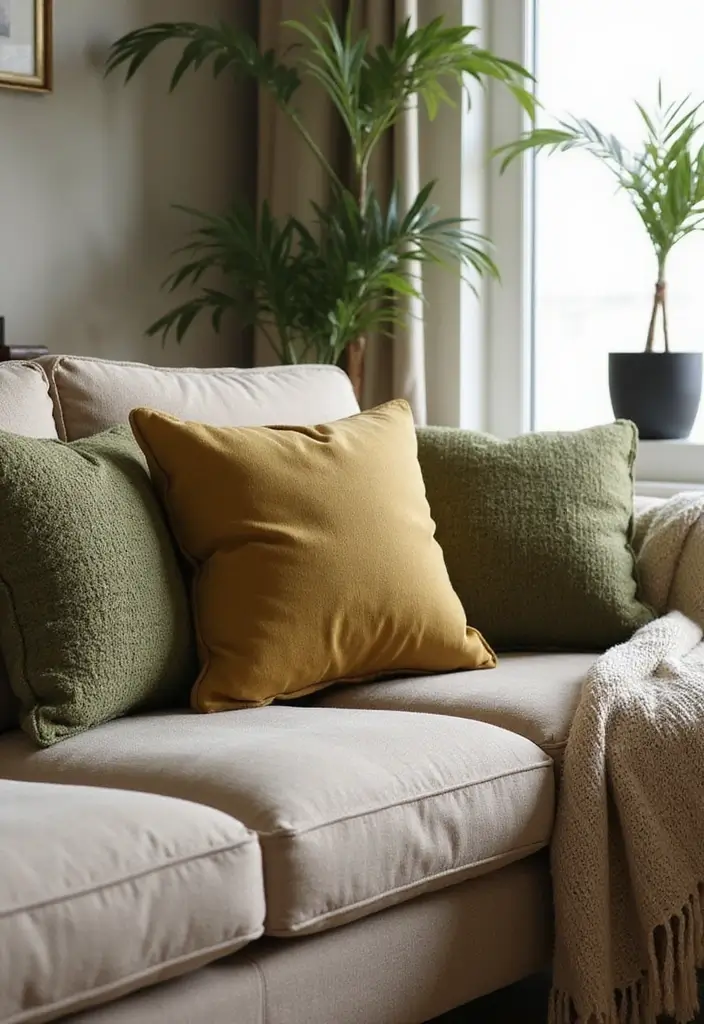 29 Beige and Olive Green Living Room Ideas That Feel Warm and Earthy - 20. Textured Pillows and Throws