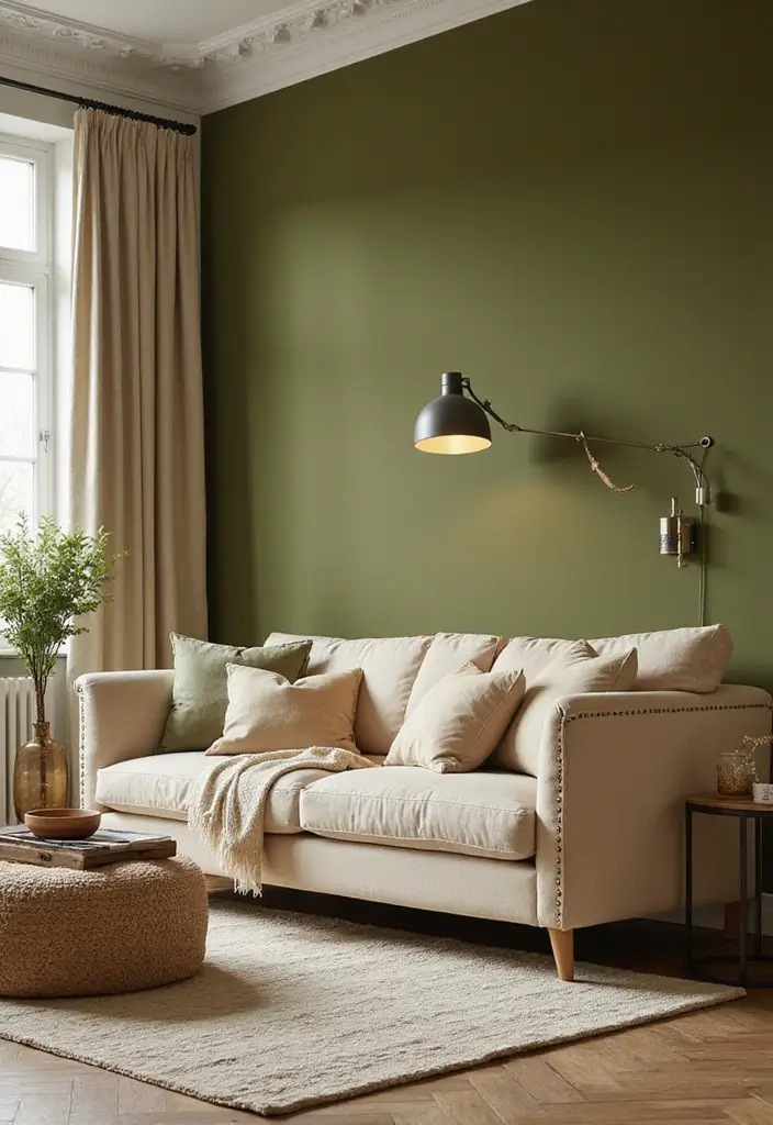 29 Beige and Olive Green Living Room Ideas That Feel Warm and Earthy - 21. Bold Olive Green Walls