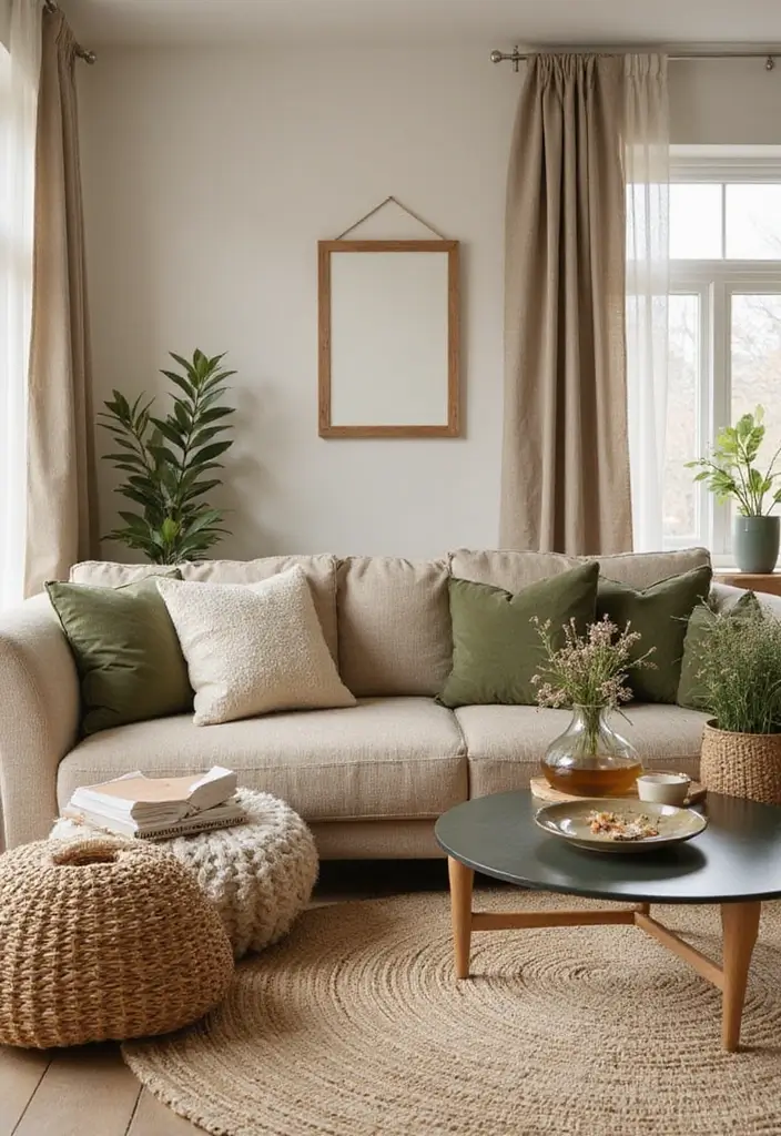 29 Beige and Olive Green Living Room Ideas That Feel Warm and Earthy - 23. Natural Fiber Decorative Baskets