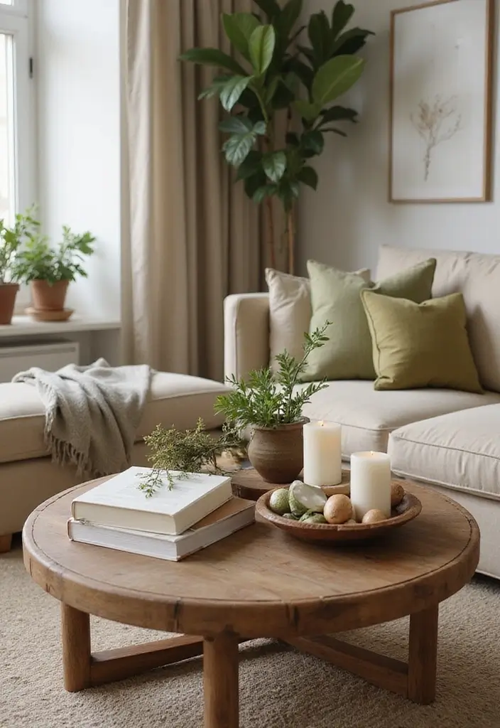 29 Beige and Olive Green Living Room Ideas That Feel Warm and Earthy - 24. Stylish Coffee Table Decor