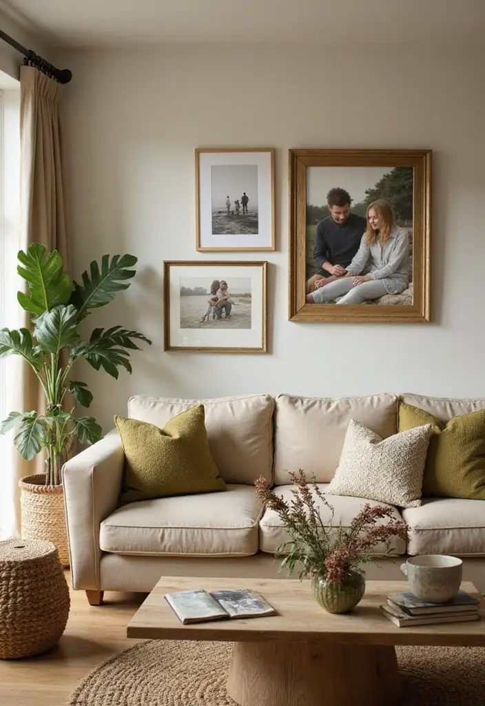 29 Beige and Olive Green Living Room Ideas That Feel Warm and Earthy - 29. Personal Touches and Memories