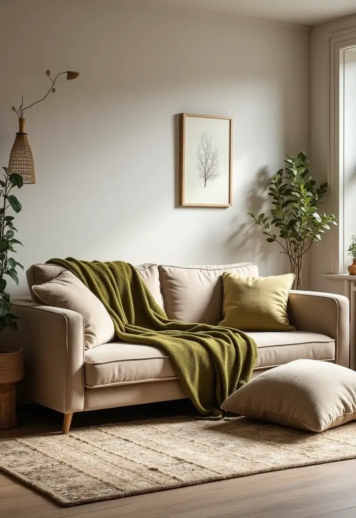 29 Beige and Olive Green Living Room Ideas That Feel Warm and Earthy - 3. Layering with Textiles