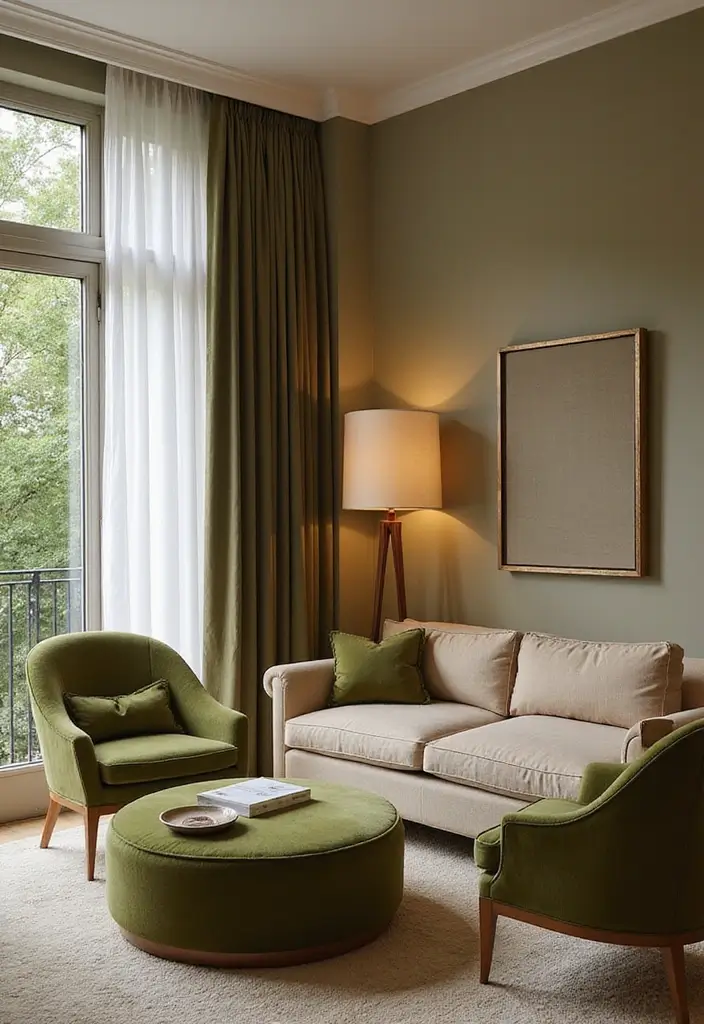 29 Beige and Olive Green Living Room Ideas That Feel Warm and Earthy - 5. Accent Furniture in Olive Green