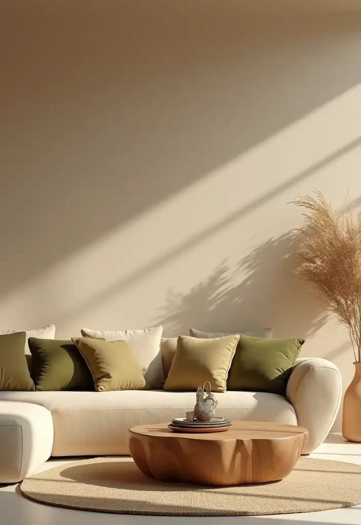 29 Beige and Olive Green Living Room Ideas That Feel Warm and Earthy - 6. Organic Shapes and Curves