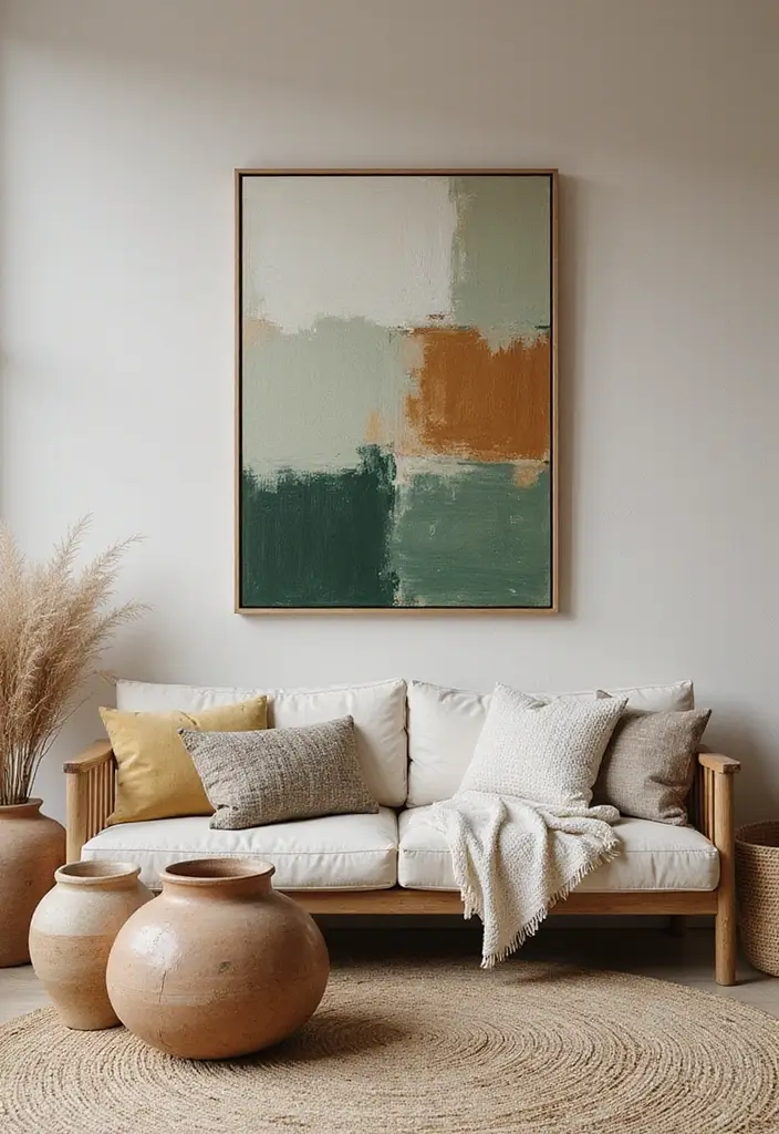 29 Beige and Olive Green Living Room Ideas That Feel Warm and Earthy - 7. Earthy Artwork and Decor