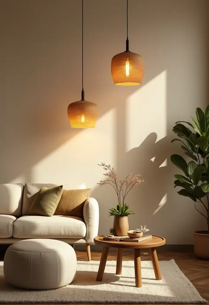 29 Beige and Olive Green Living Room Ideas That Feel Warm and Earthy - 8. Stylish Lighting Fixtures