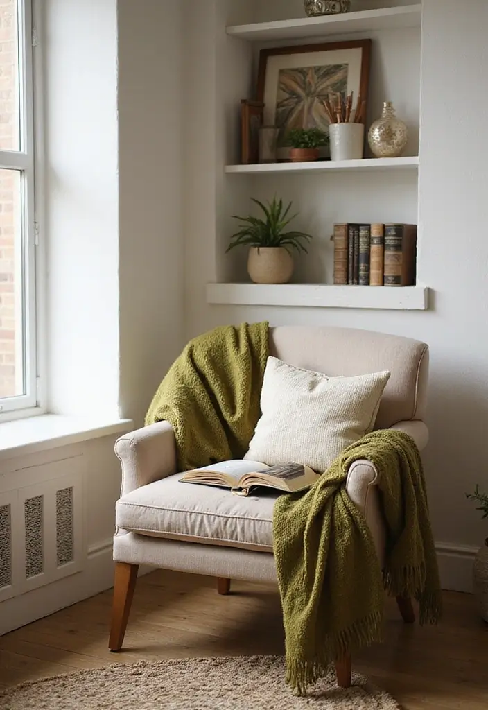 29 Beige and Olive Green Living Room Ideas That Feel Warm and Earthy - 9. Cozy Reading Nook