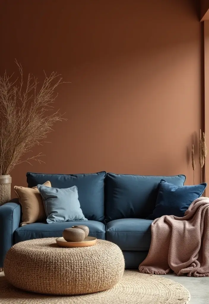 29 Brown and Blue Living Room Ideas That Feel Calm and Balanced - 1. Earthy Tones with Navy Accents