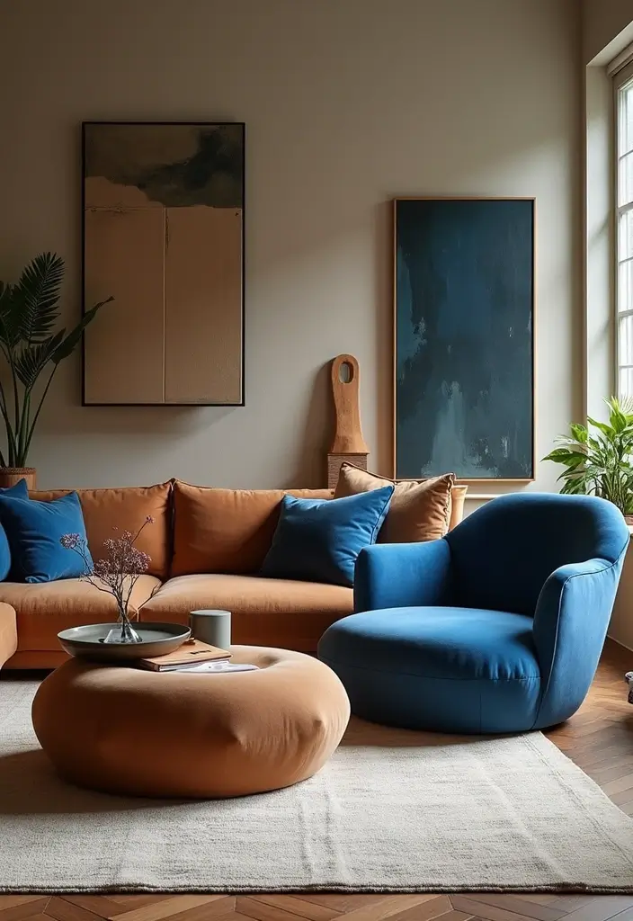 29 Brown and Blue Living Room Ideas That Feel Calm and Balanced - 12. Statement Furniture Pieces