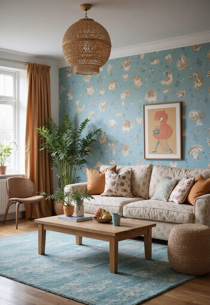 29 Brown and Blue Living Room Ideas That Feel Calm and Balanced - 15. Whimsical Patterns