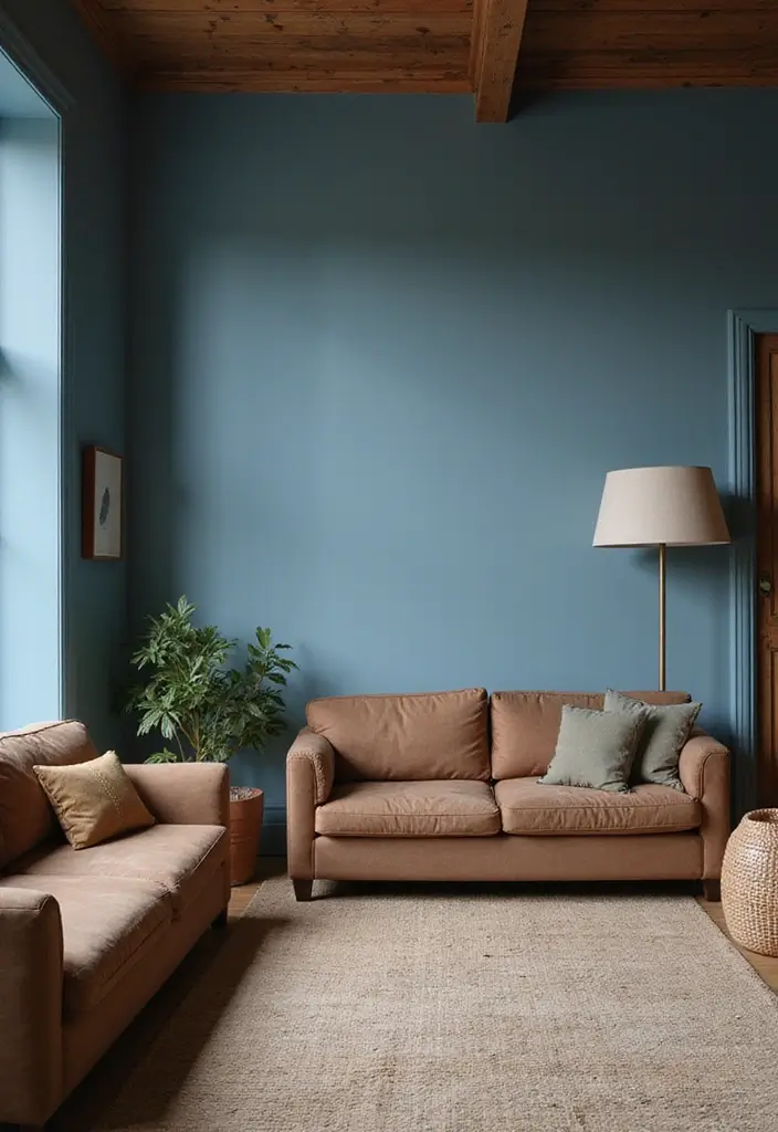 29 Brown and Blue Living Room Ideas That Feel Calm and Balanced - 17. Earthy Blue and Natural Brown
