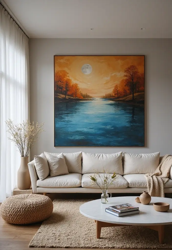 29 Brown and Blue Living Room Ideas That Feel Calm and Balanced - 20. Large-Scale Artwork