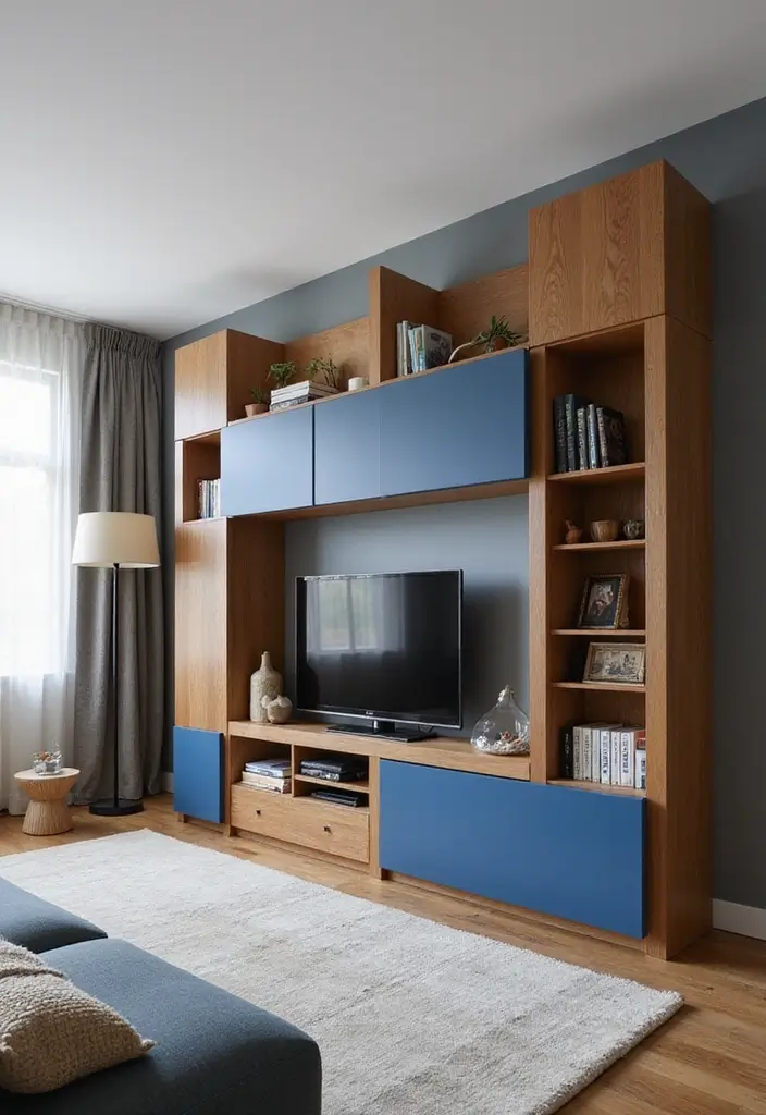 29 Brown and Blue Living Room Ideas That Feel Calm and Balanced - 22. Modular Storage Solutions