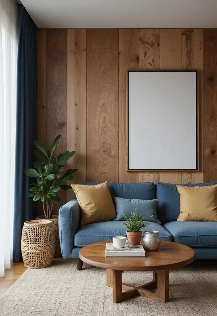 29 Brown and Blue Living Room Ideas That Feel Calm and Balanced - 24. Mixing Wood Tones