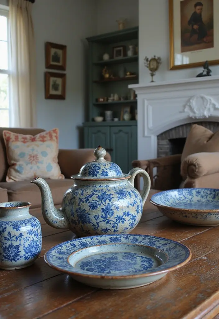 29 Brown and Blue Living Room Ideas That Feel Calm and Balanced - 25. Vintage Blue Ceramics
