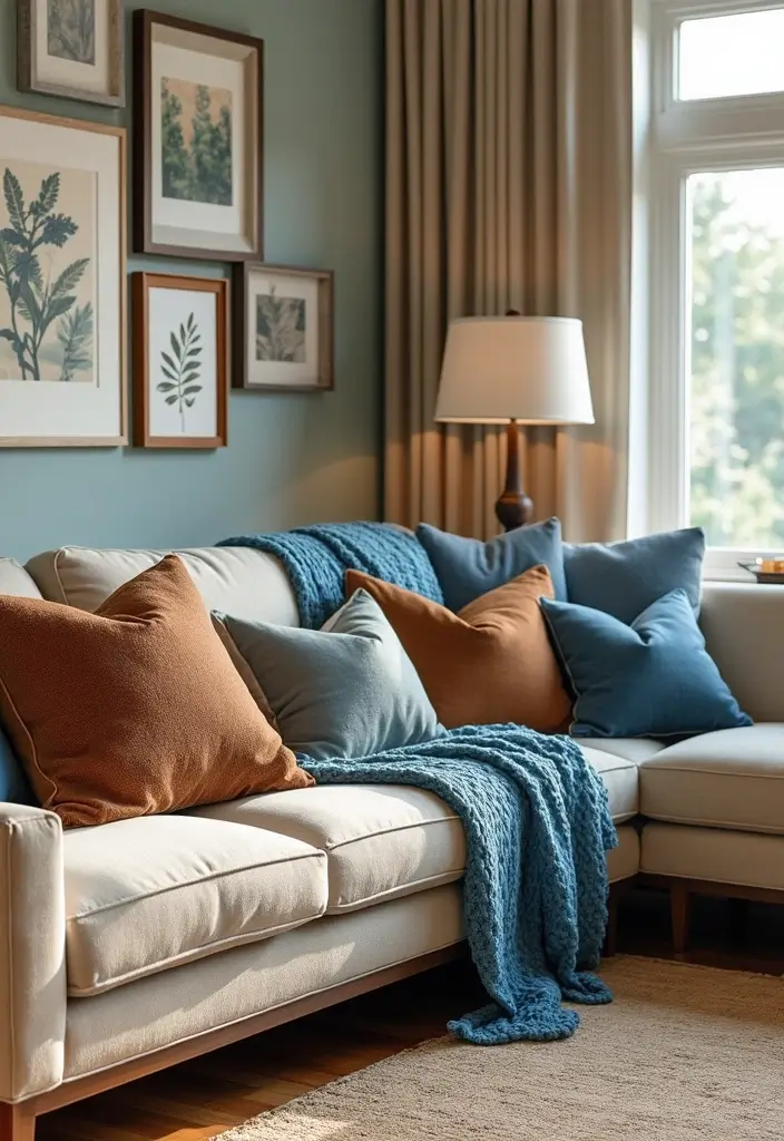 29 Brown and Blue Living Room Ideas That Feel Calm and Balanced - 26. Accent Pillows and Throws