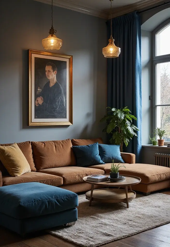 29 Brown and Blue Living Room Ideas That Feel Calm and Balanced - 28. Statement Lighting Fixtures