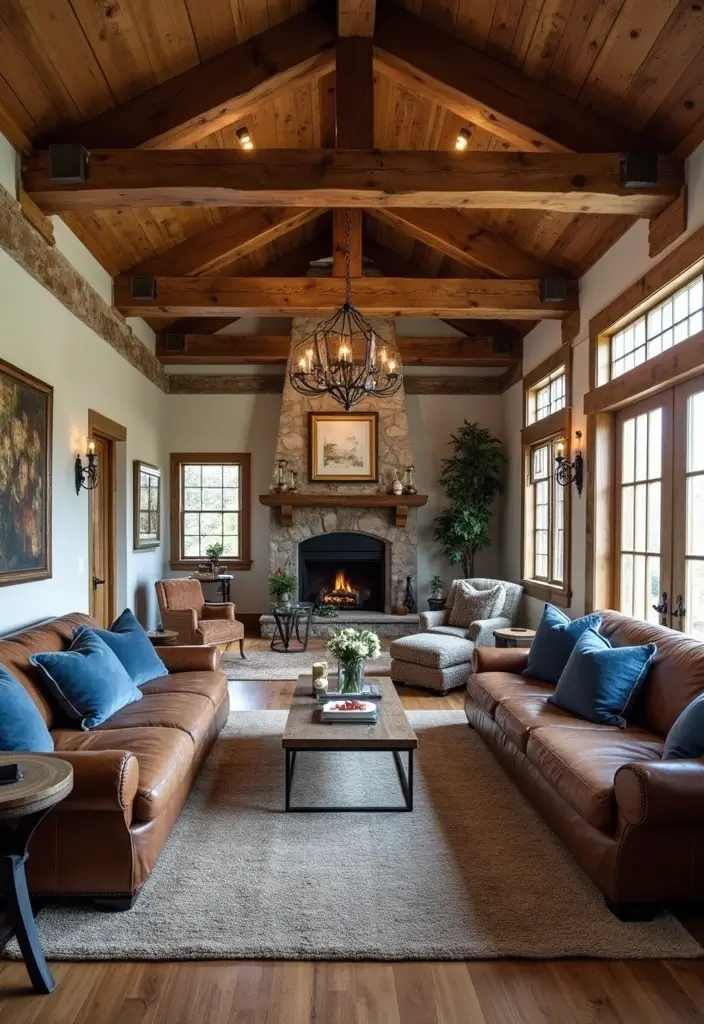 29 Brown and Blue Living Room Ideas That Feel Calm and Balanced - 3. Rustic Charm with Blue Accents