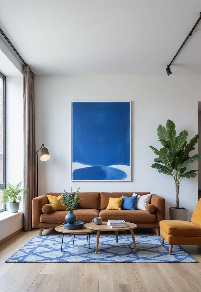 29 Brown and Blue Living Room Ideas That Feel Calm and Balanced - 4. Contemporary Contrast