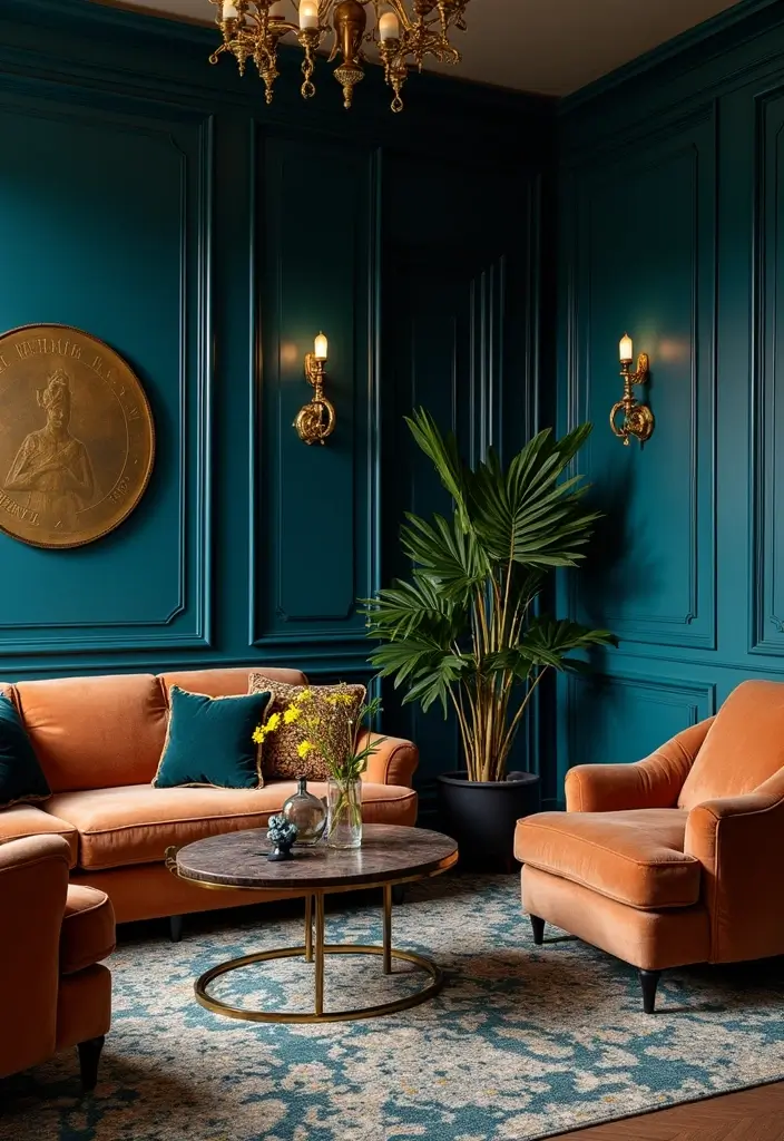 29 Brown and Blue Living Room Ideas That Feel Calm and Balanced - 6. Art Deco Elegance